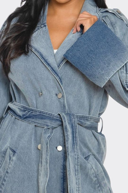 Long Double Split Denim Trench Jacket