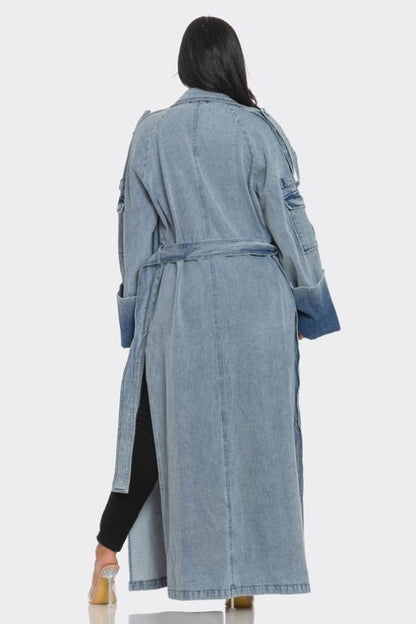 Long Double Split Denim Trench Jacket