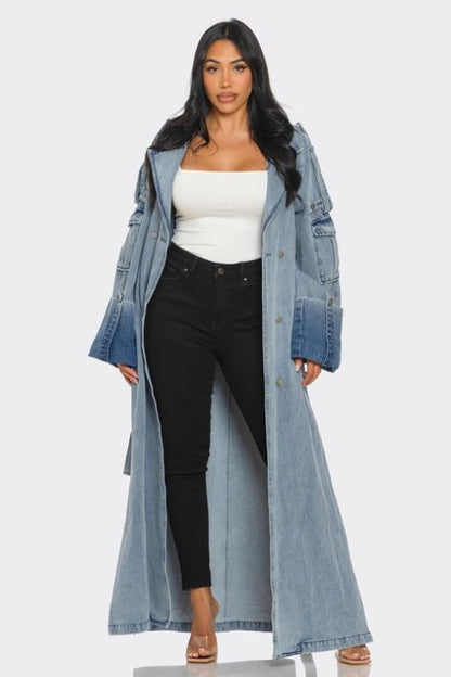 Long Double Split Denim Trench Jacket