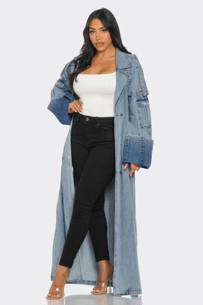 Long Double Split Denim Trench Jacket