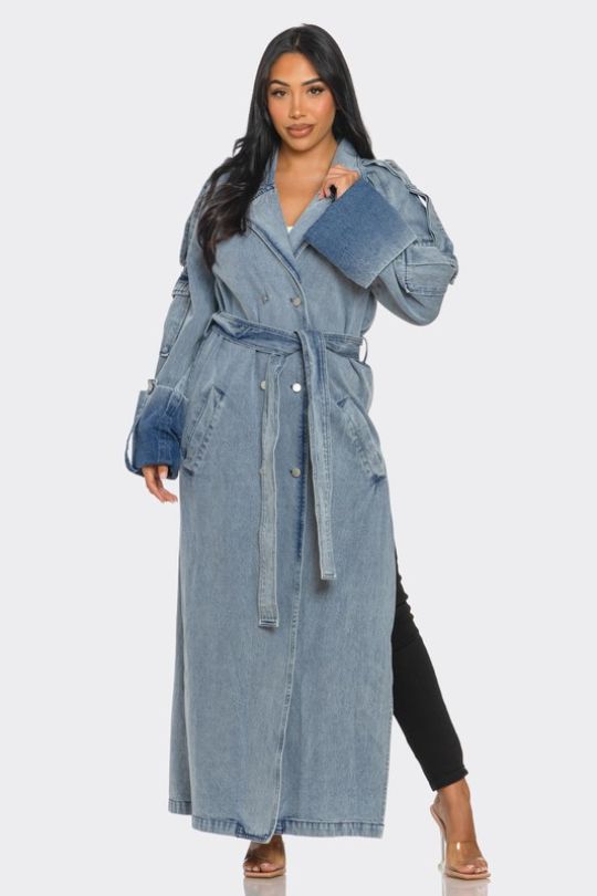 Long Double Split Denim Trench Jacket