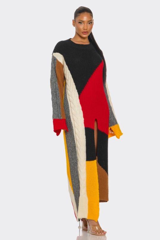 Cable Knit Color-Block Maxi Dress