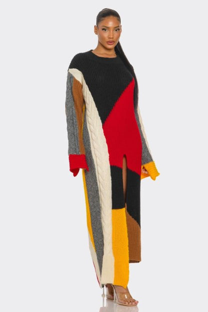 Cable Knit Color-Block Maxi Dress