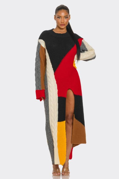 Cable Knit Color-Block Maxi Dress