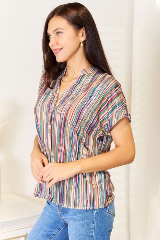 Multicolored Stripe Notched Neck Blouse
