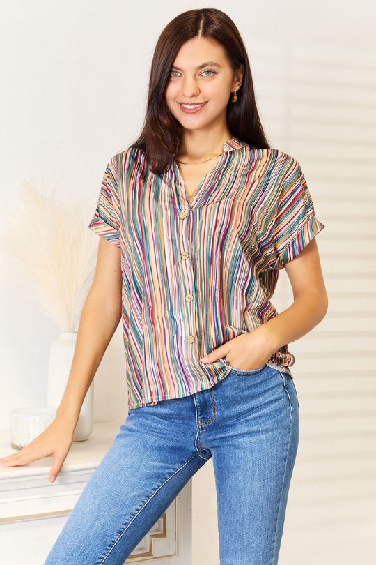 Multicolored Stripe Notched Neck Blouse