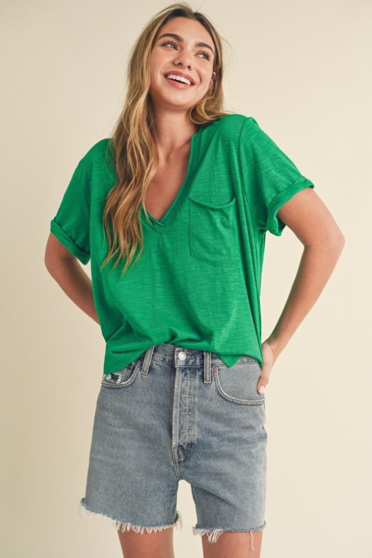 Side Slit V-Neck Short Rolled Sleeve T-Shirt