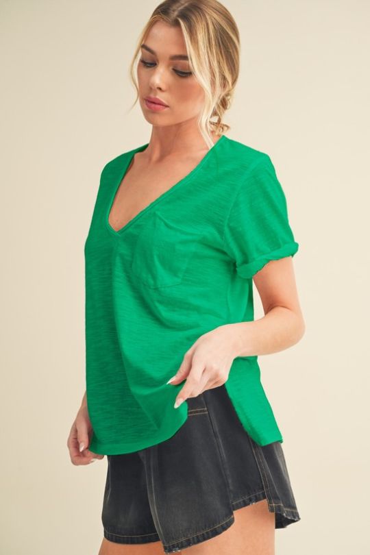 Side Slit V-Neck Short Rolled Sleeve T-Shirt