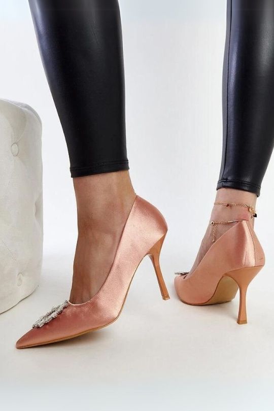 Beige Satin Cubic Stone High Heel Pumps