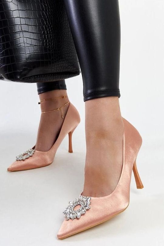 Beige Satin Cubic Stone High Heel Pumps