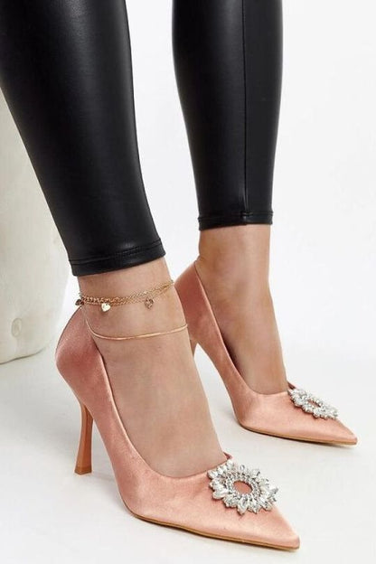 Beige Satin Cubic Stone High Heel Pumps