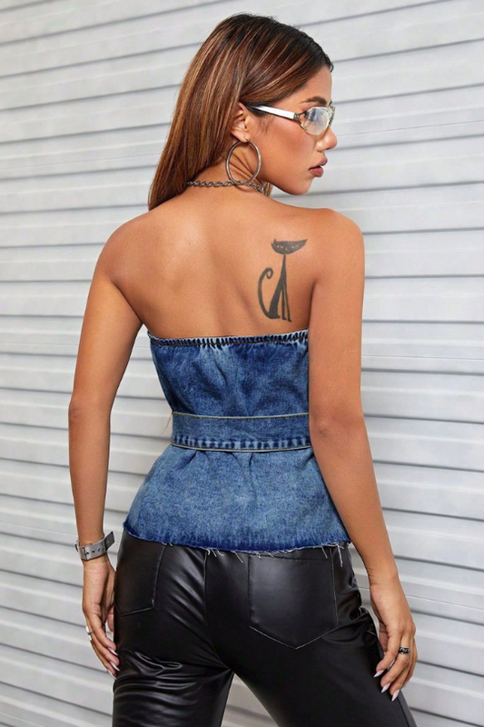 Buttoned Raw Hem Tube Denim Top