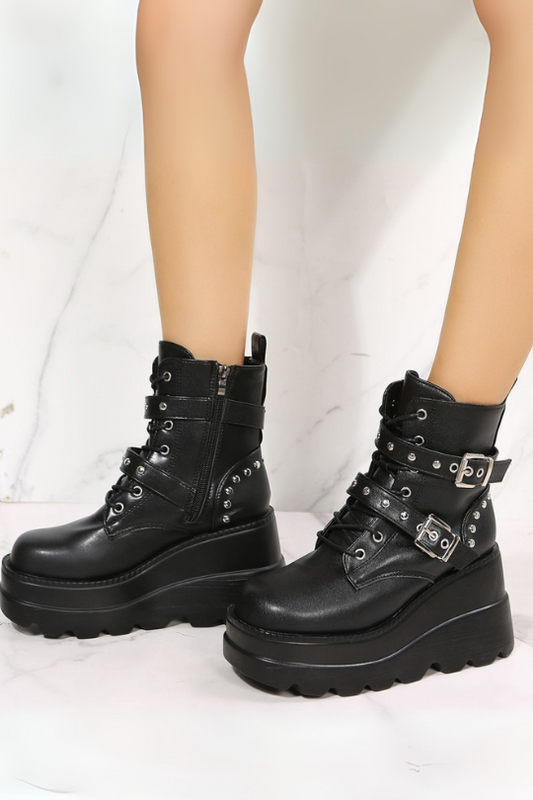 Faux Leather Zippered Wedge Boots