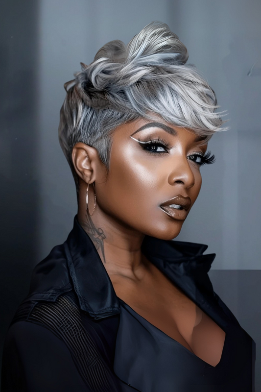 Short Pixie Curly Bangs Grey Wig