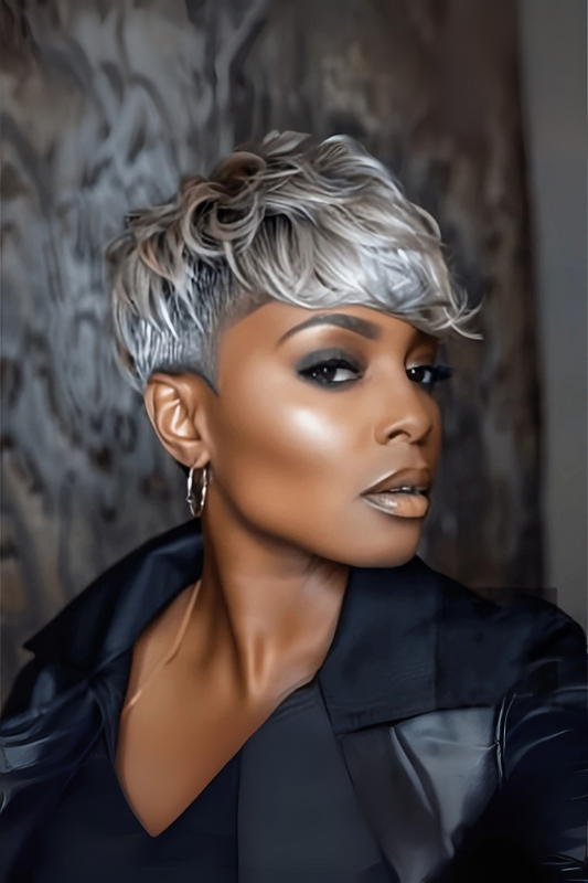 Short Pixie Curly Bangs Grey Wig