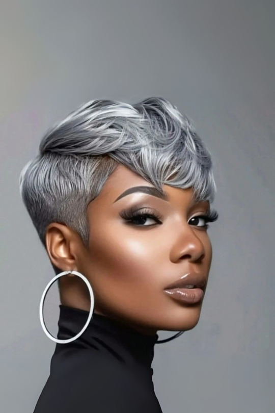 Short Pixie Curly Bangs Grey Wig