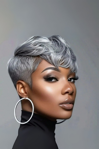 Short Pixie Curly Bangs Grey Wig