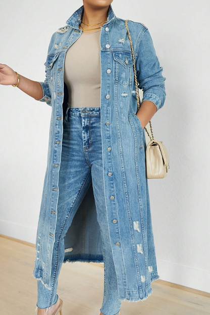 Women's Long Ripped Denim Trench Coat