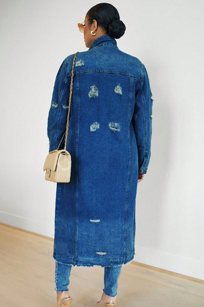 Women's Long Ripped Denim Trench Coat