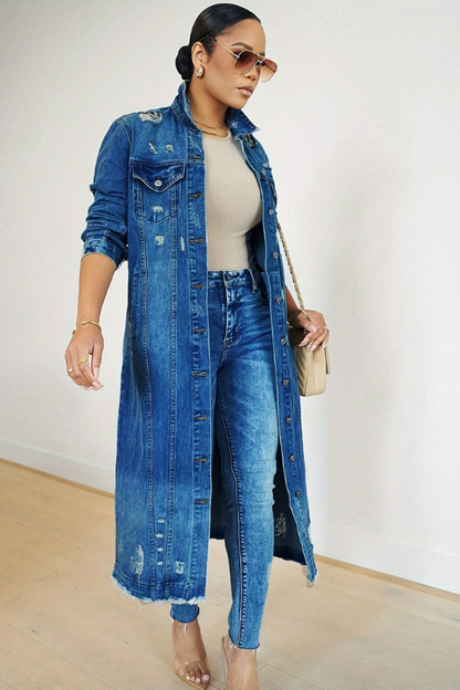 Women's Long Ripped Denim Trench Coat
