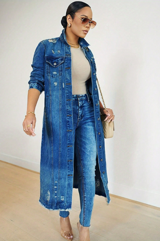 Women's Long Ripped Denim Trench Coat
