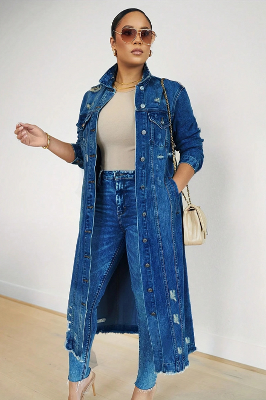 Women's Long Ripped Denim Trench Coat
