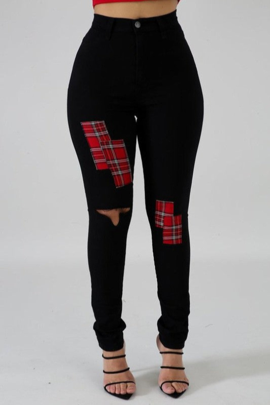 Women's Plaid Distressed Patch Fitted Jean