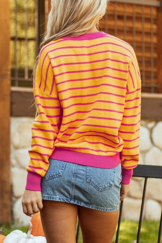 Candy Crush Orange Striped Round Neck Sweater