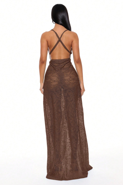 Women's Sexy Lace Draped Thigh Split Maxi Cover Up Dress