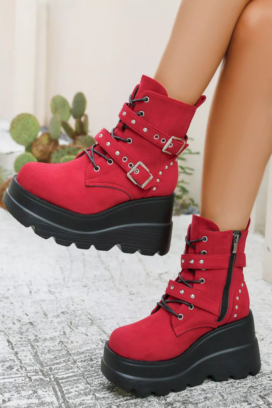 Women's Lace Up Double Platform Wedge Boots