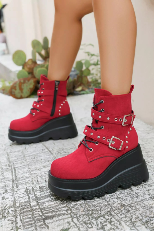 Women's Lace Up Double Platform Wedge Boots