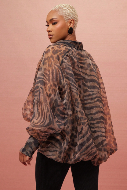 Women's Sheer Safari Print Long Sleeve Blouse