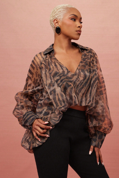Women's Sheer Safari Print Long Sleeve Blouse