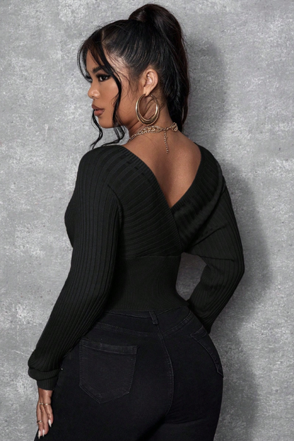 Women's Off Shoulder Long Sleeve Cropped Slim Fit Sweater