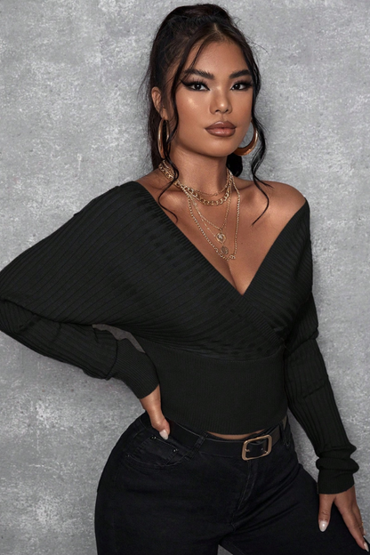 Women's Off Shoulder Long Sleeve Cropped Slim Fit Sweater