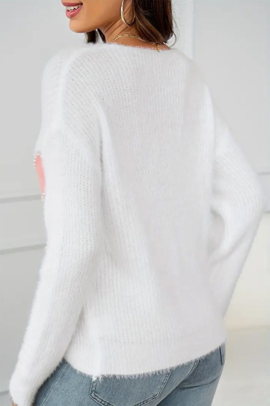 Fuzzy Beaded Heart Pattern V Neck Sweater