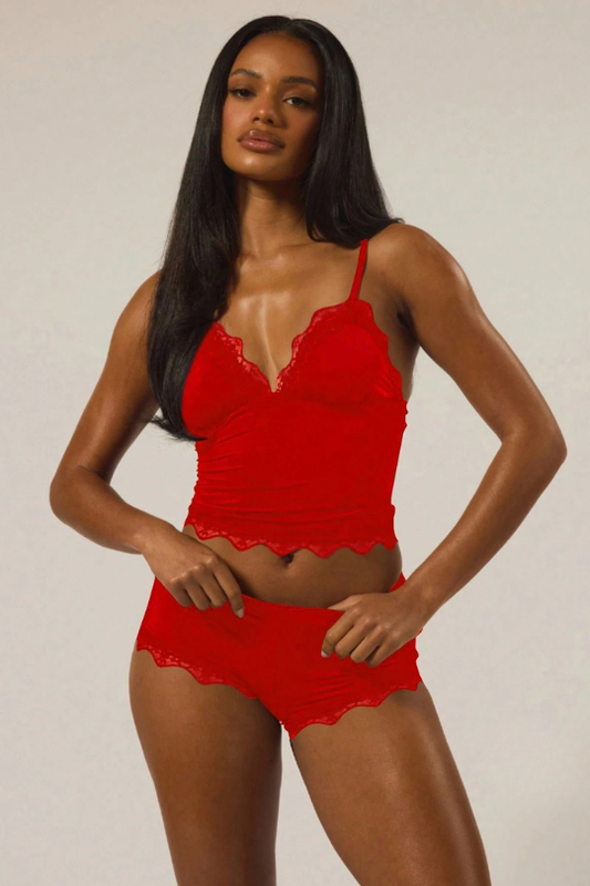 Adjustable Lace Trim Strap Crop Top And Fitted Panty Set