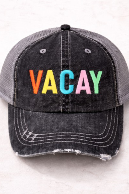 VACAY Embroidered Distressed Trucker Hat