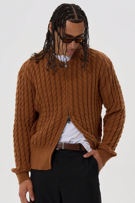 Men's Cable Knit Long Sleeve Zip Sweater