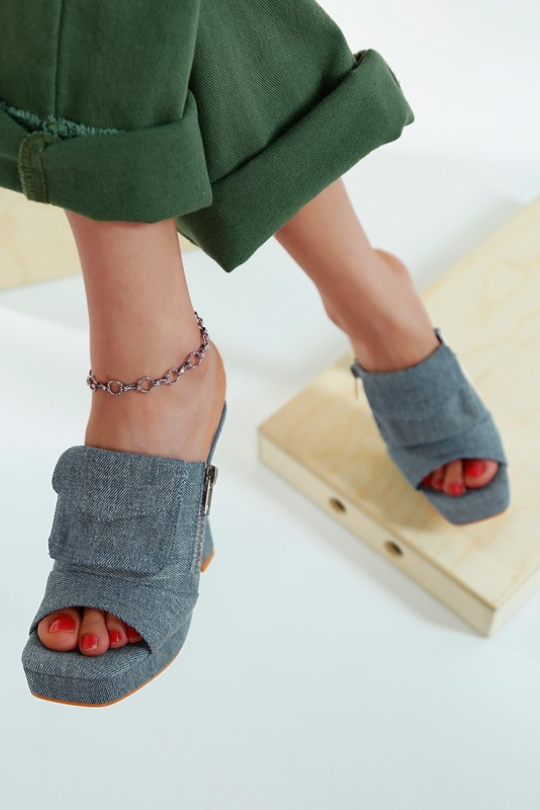 Women's Denim High Heel Mule Sandals
