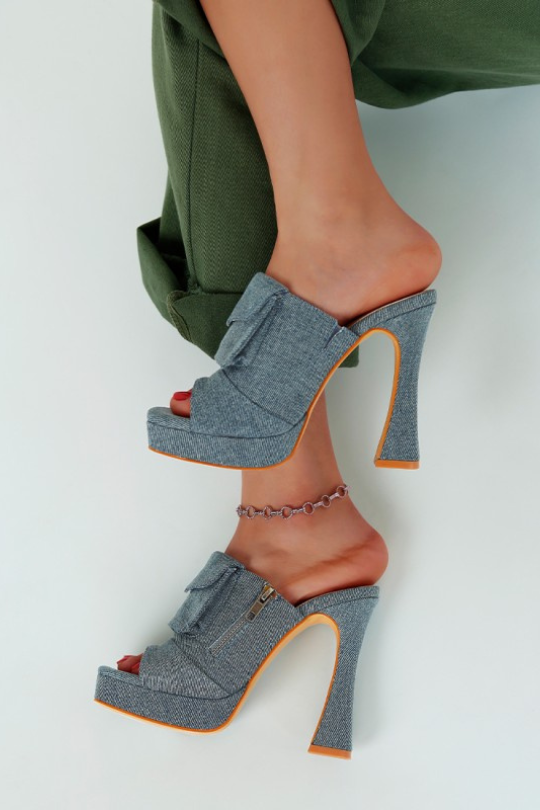 Women's Denim High Heel Mule Sandals