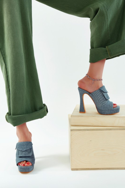 Women's Denim High Heel Mule Sandals