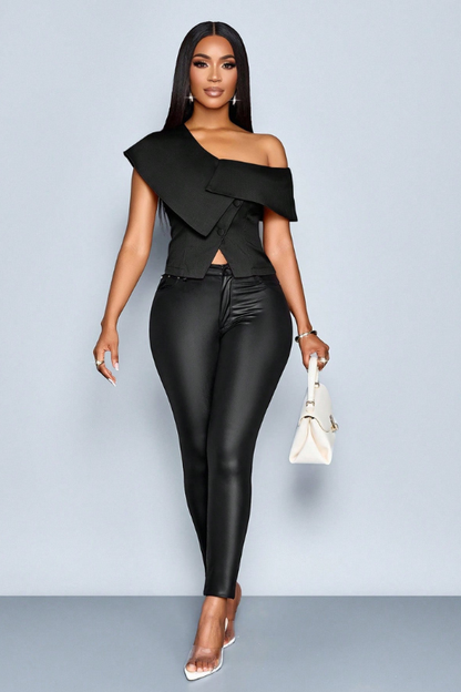 The Asymmetrical Off-Shoulder Button Blouse