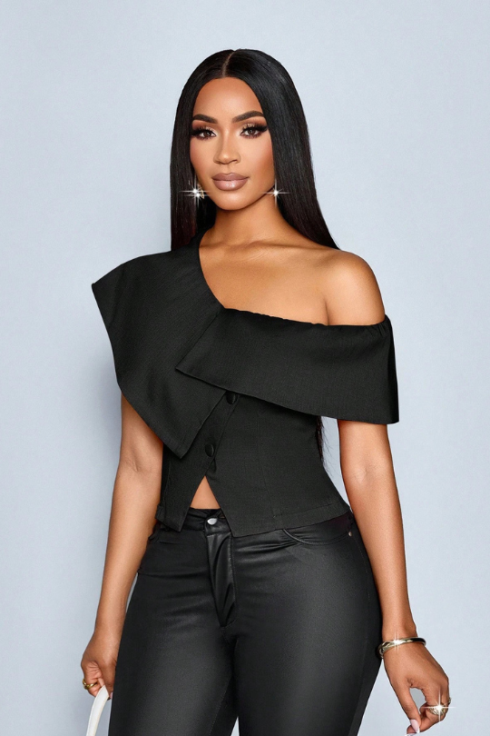 The Asymmetrical Off-Shoulder Button Blouse