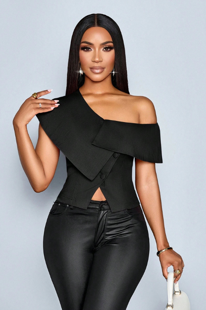 The Asymmetrical Off-Shoulder Button Blouse
