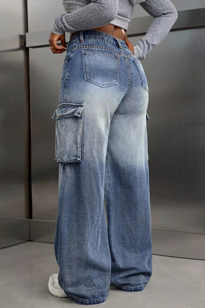 Wide Leg Cargo Pocket Denim Jeans