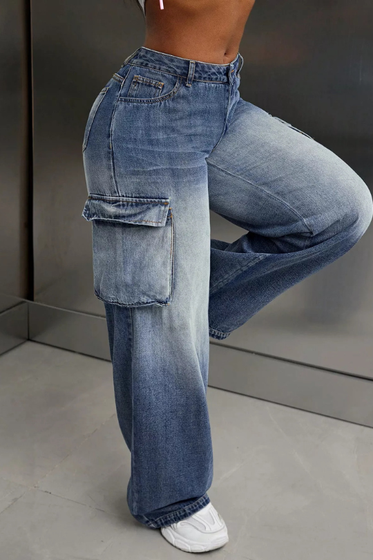 Wide Leg Cargo Pocket Denim Jeans