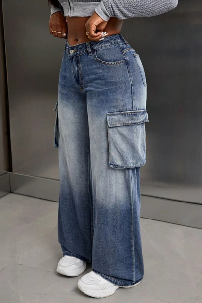 Wide Leg Cargo Pocket Denim Jeans