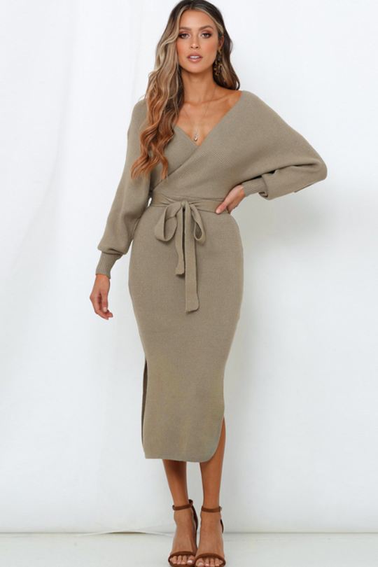Women's Ribbed Wrap Tie Sweater Midi Dress