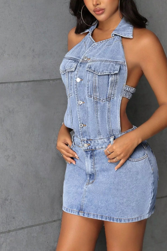 Women's Backless Denim Halter Mini Dress